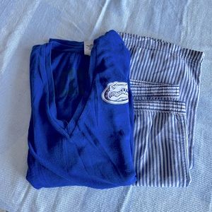 Pink blue and white w/black lettering Gator pajama.